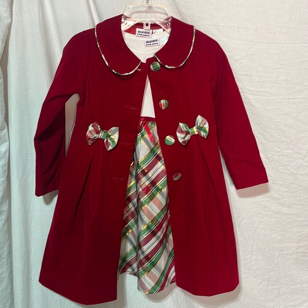 Blueberi Boulevard 6x Christmas dress velvet coat plaid bows metallic euc